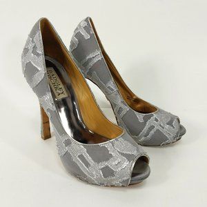 Badgley Mischka Shoes Womens 5M Silver Gray Satin Glitter Peep Toe Pumps 4" Heel